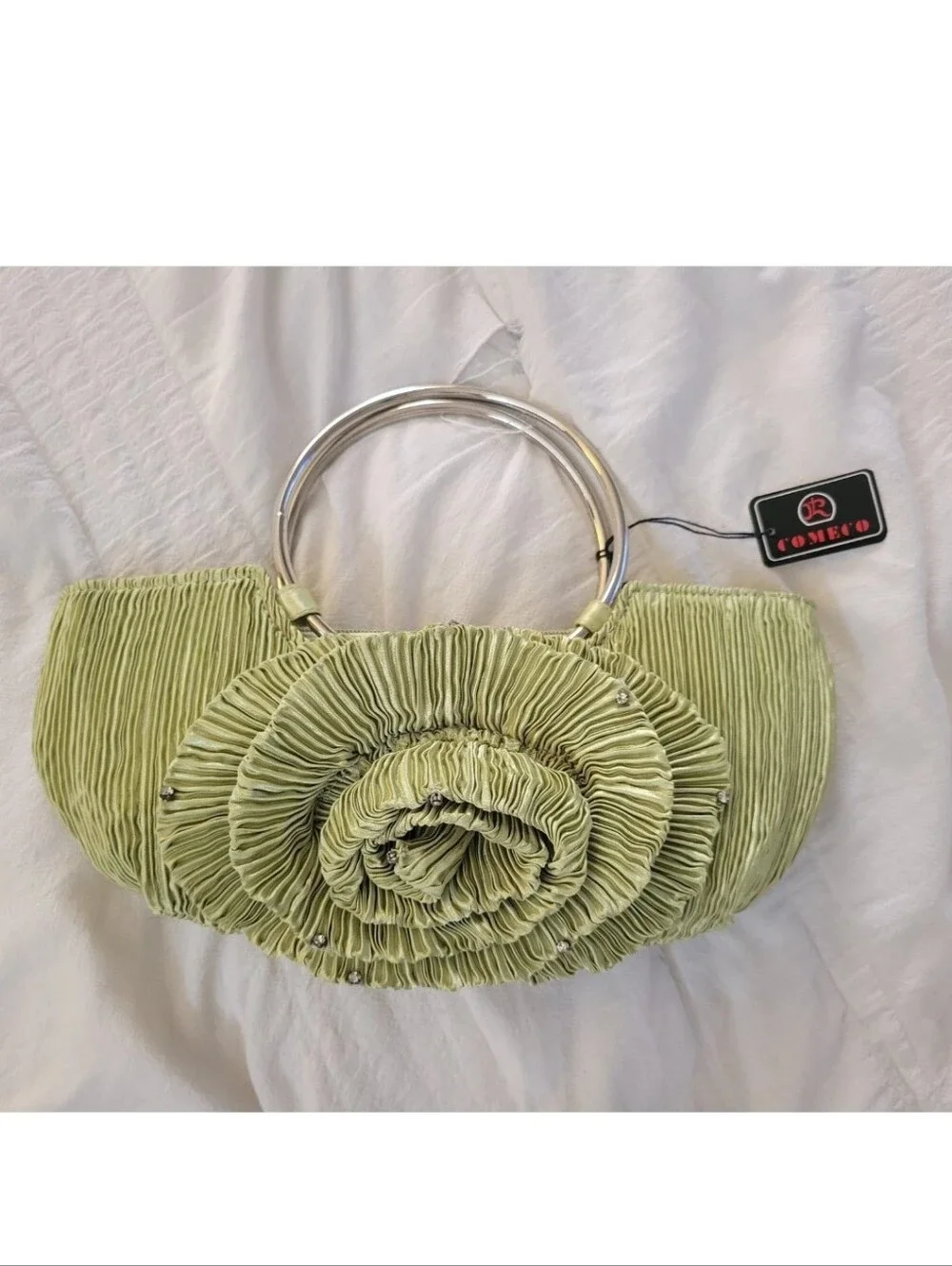 Y2k Retro Satin Purse Clutch Sage Rhinestone Pleated Handbag Silver Hoop Handle